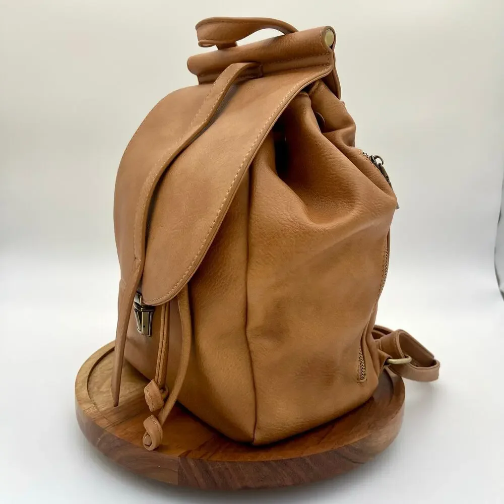 Antik Kraft Stephanie Backpack Tan Vegan Leather Bucket Crossbody Bag Top Handle - Picture 5 of 15
